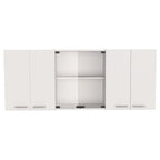 Armoire murale blanche à six portes avec étagère centrale ouverte et poignées en métal