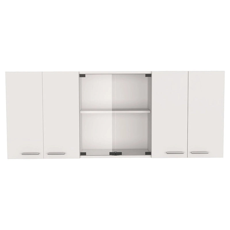 Armoire murale blanche à six portes avec étagère centrale ouverte et poignées en métal