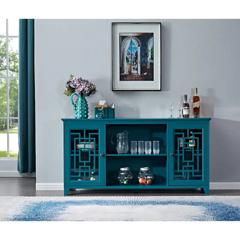 Buffet de salle à manger bleu sarcelle de 152 cm avec portes vitrées à croisillons et étagères réglables