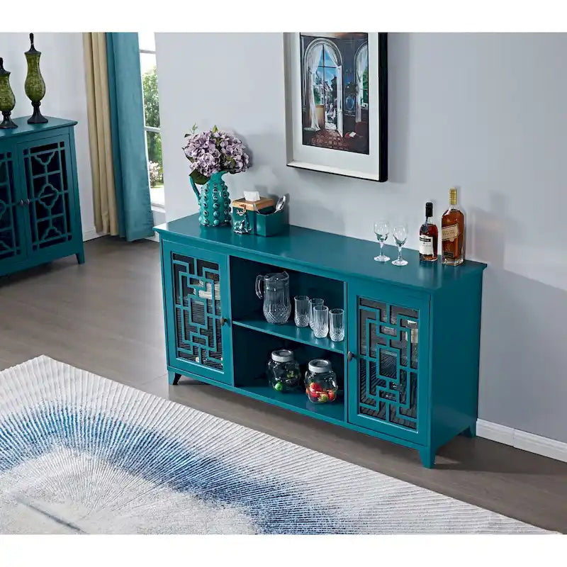 Buffet de salle à manger bleu sarcelle de 152 cm avec portes vitrées à croisillons et étagères réglables