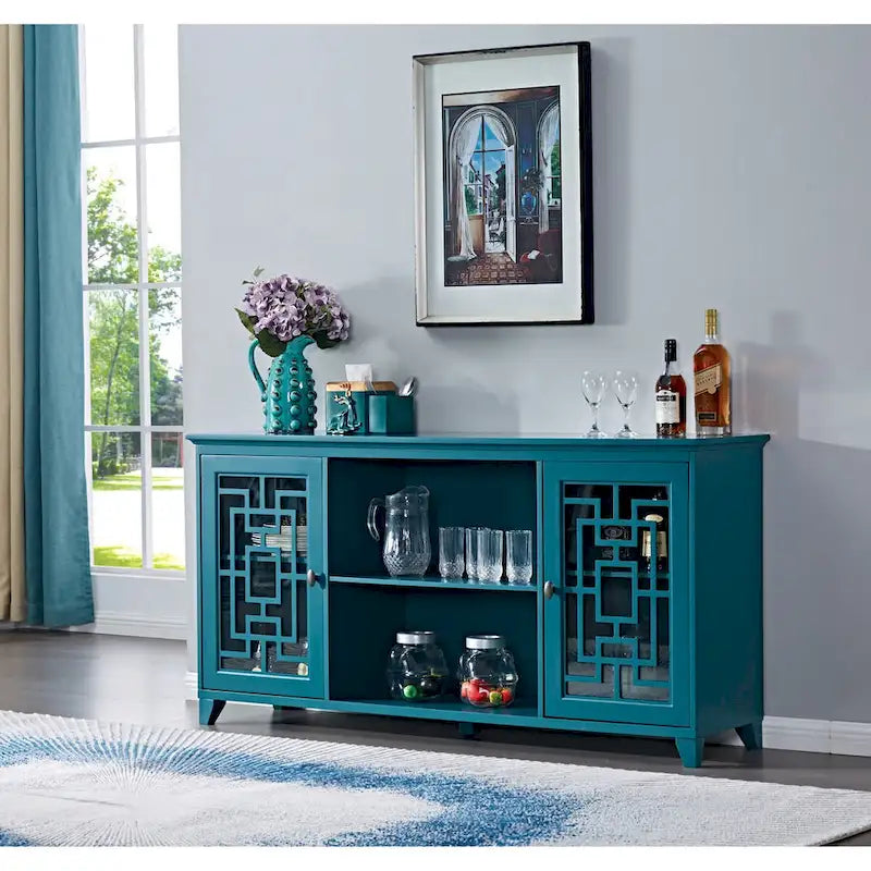 Buffet de salle à manger bleu sarcelle de 152 cm avec portes vitrées à croisillons et étagères réglables