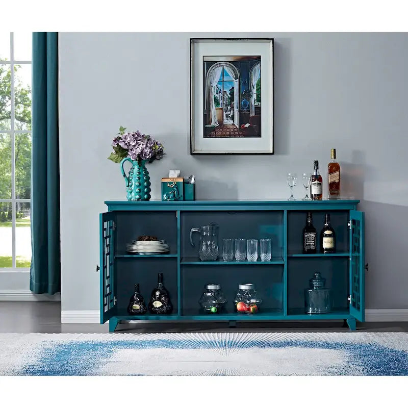 Buffet de salle à manger bleu sarcelle de 152 cm avec portes vitrées à croisillons et étagères réglables
