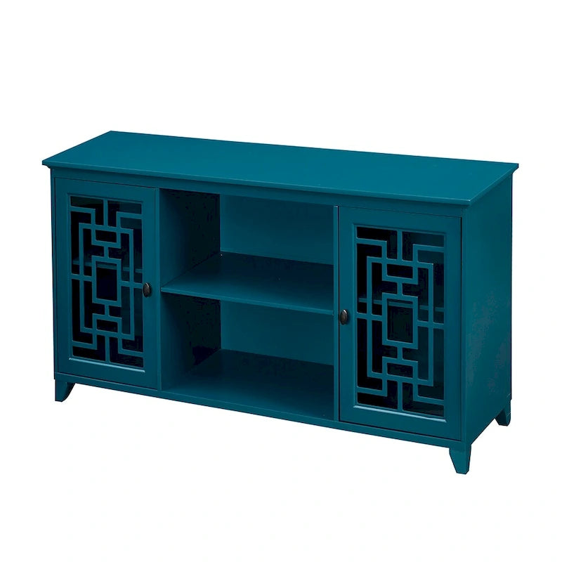 Buffet de salle à manger bleu sarcelle de 152 cm avec portes vitrées à croisillons et étagères réglables