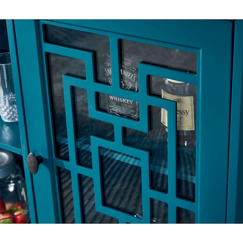 Buffet de salle à manger bleu sarcelle de 152 cm avec portes vitrées à croisillons et étagères réglables