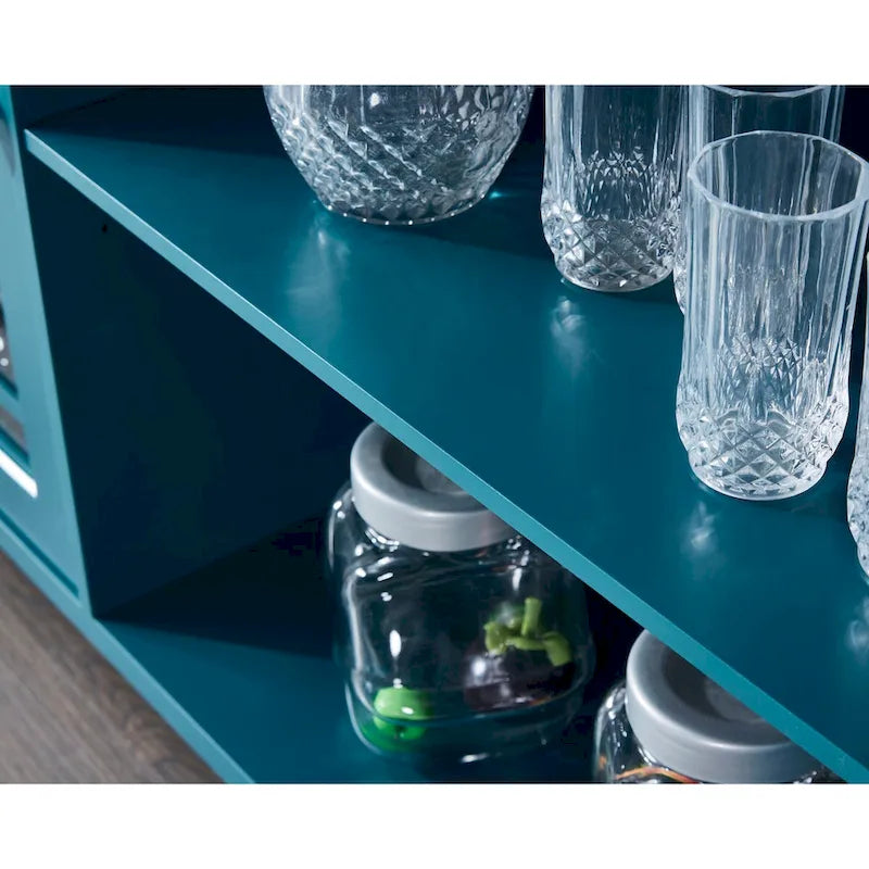 Buffet de salle à manger bleu sarcelle de 152 cm avec portes vitrées à croisillons et étagères réglables
