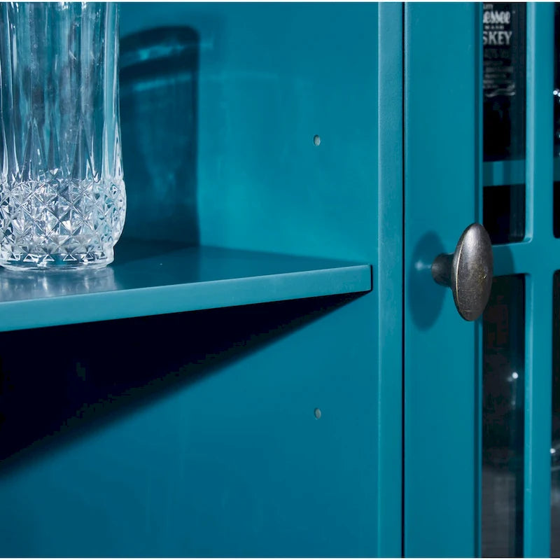 Buffet de salle à manger bleu sarcelle de 152 cm avec portes vitrées à croisillons et étagères réglables