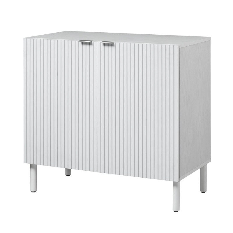 Meuble de rangement blanc à 2 portes avec panneau rainuré et pieds cylindriques