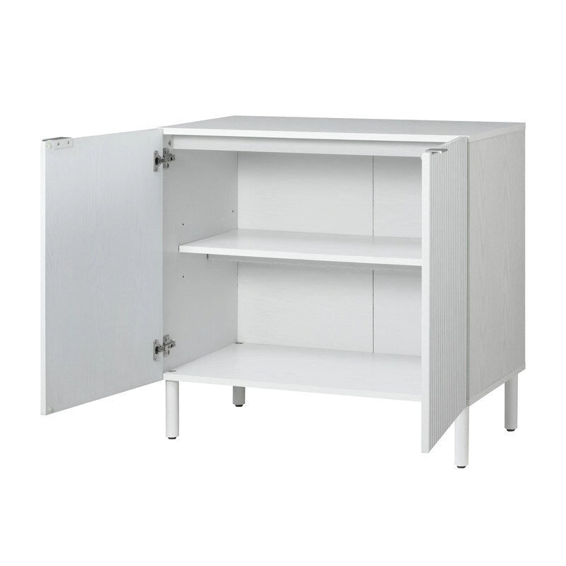 Meuble de rangement blanc à 2 portes avec panneau rainuré et pieds cylindriques