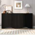 Buffet quatre portes à côtés striés avec poignées dorées et base ondulée, bleu blanc noir