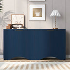Buffet quatre portes à côtés striés avec poignées dorées et base ondulée, bleu blanc noir