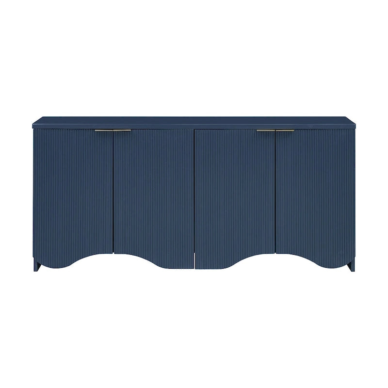 Buffet quatre portes à côtés striés avec poignées dorées et base ondulée, bleu blanc noir
