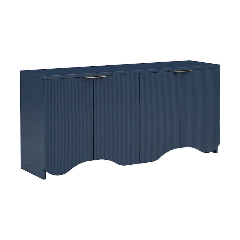 Buffet quatre portes à côtés striés avec poignées dorées et base ondulée, bleu blanc noir