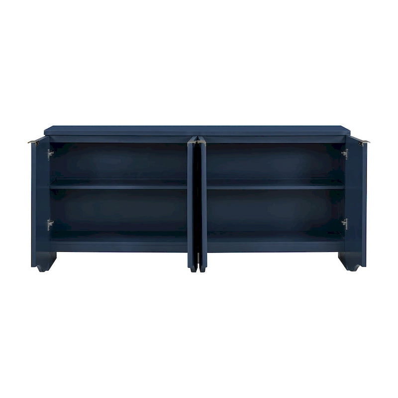 Buffet quatre portes à côtés striés avec poignées dorées et base ondulée, bleu blanc noir