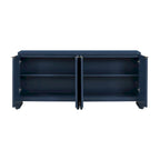 Buffet quatre portes à côtés striés avec poignées dorées et base ondulée, bleu blanc noir