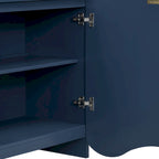 Buffet quatre portes à côtés striés avec poignées dorées et base ondulée, bleu blanc noir