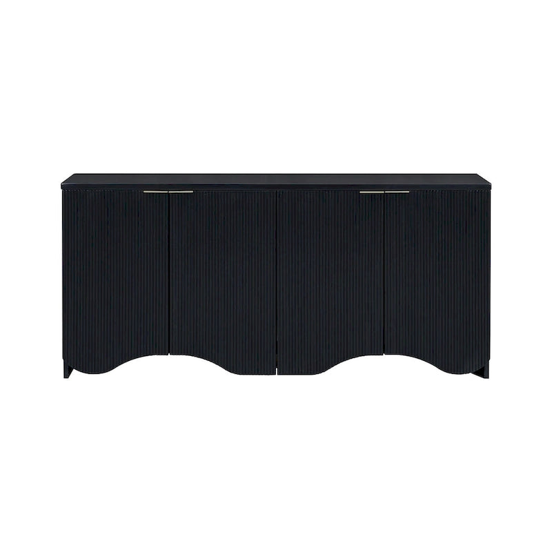 Buffet quatre portes à côtés striés avec poignées dorées et base ondulée, bleu blanc noir