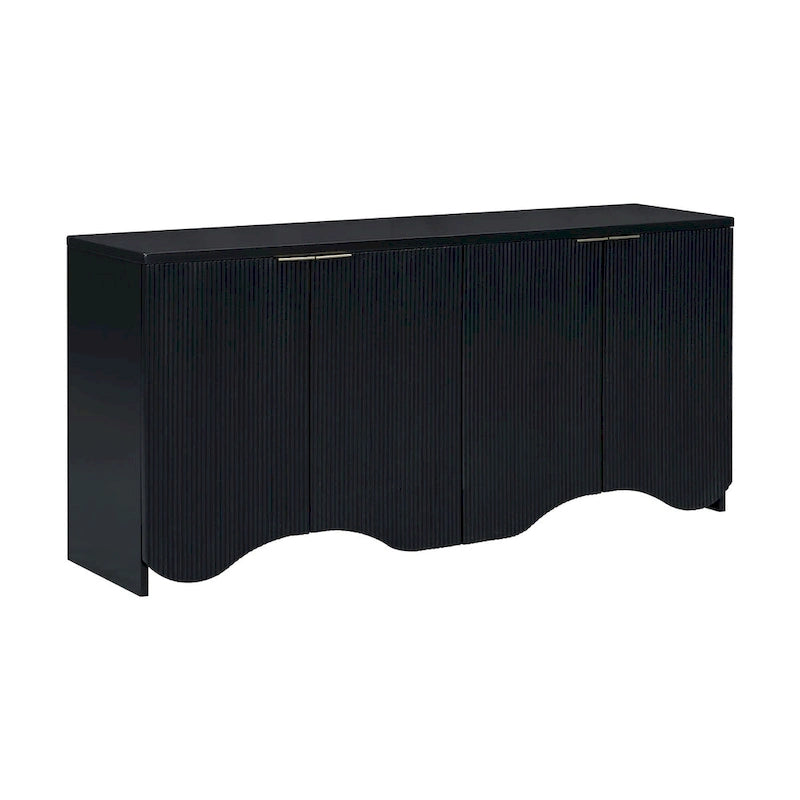 Buffet quatre portes à côtés striés avec poignées dorées et base ondulée, bleu blanc noir