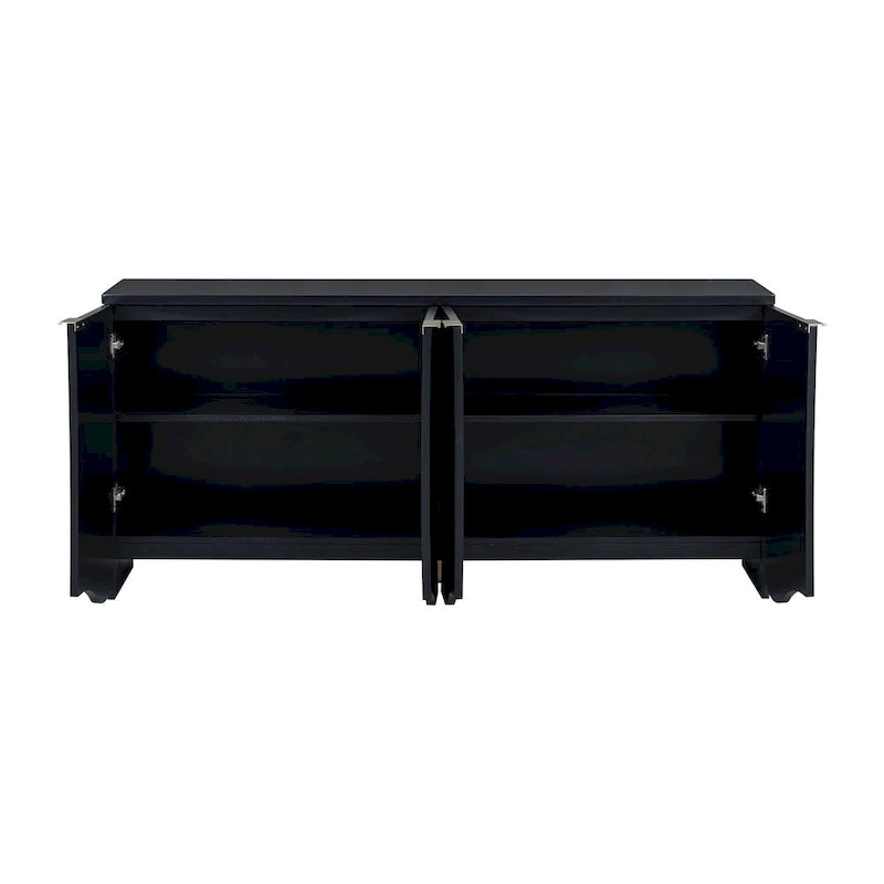 Buffet quatre portes à côtés striés avec poignées dorées et base ondulée, bleu blanc noir