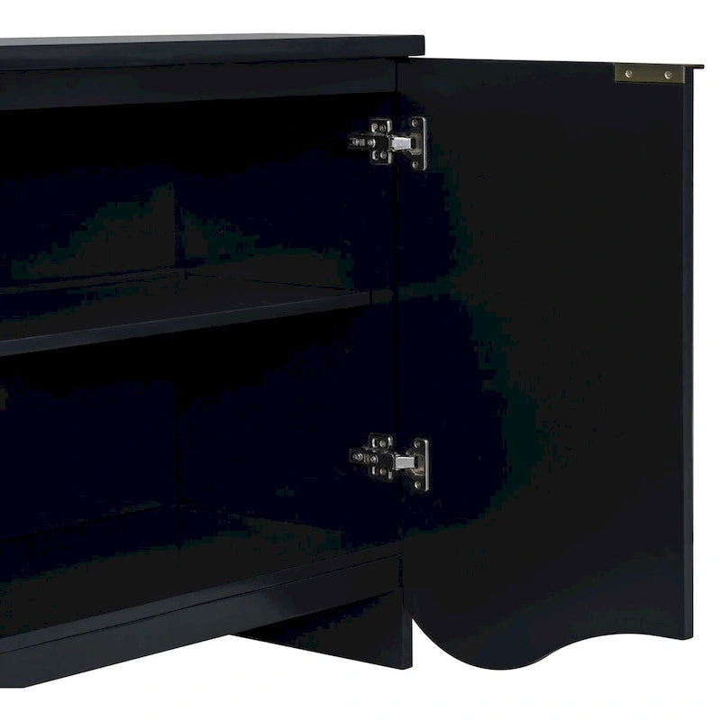 Buffet quatre portes à côtés striés avec poignées dorées et base ondulée, bleu blanc noir