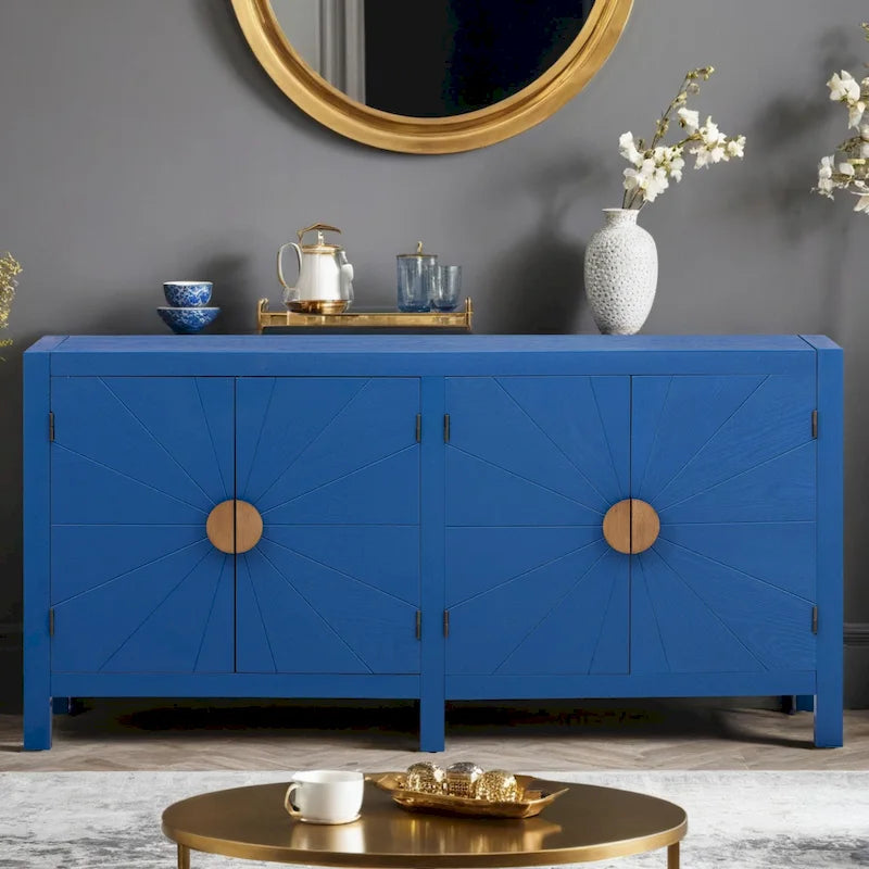 Bahut 4 portes en placage de frêne avec motif de lignes rayonnantes sur les portes, bleu marine et noir