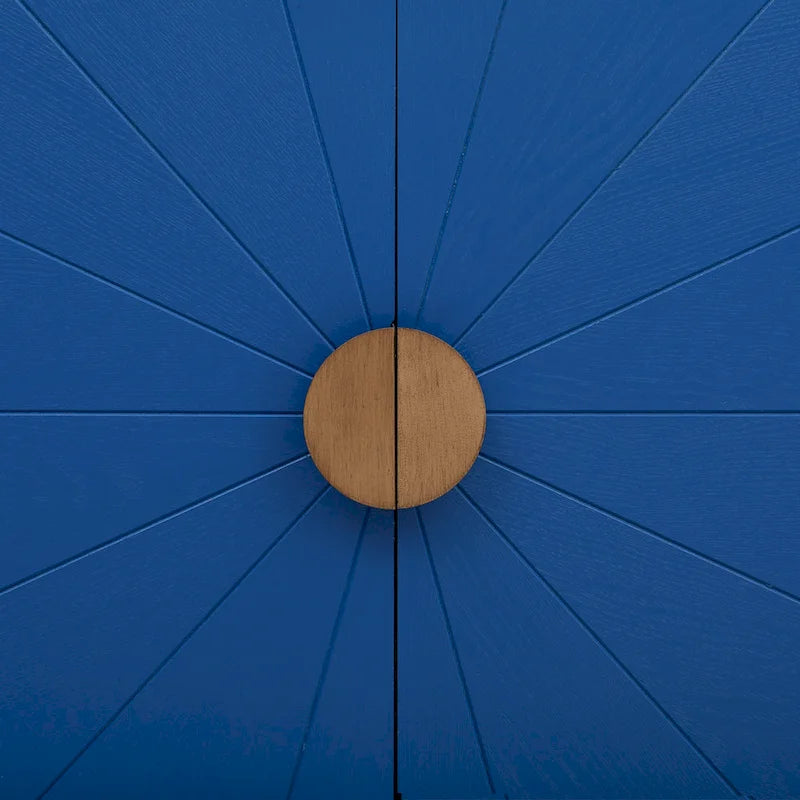Bahut 4 portes en placage de frêne avec motif de lignes rayonnantes sur les portes, bleu marine et noir