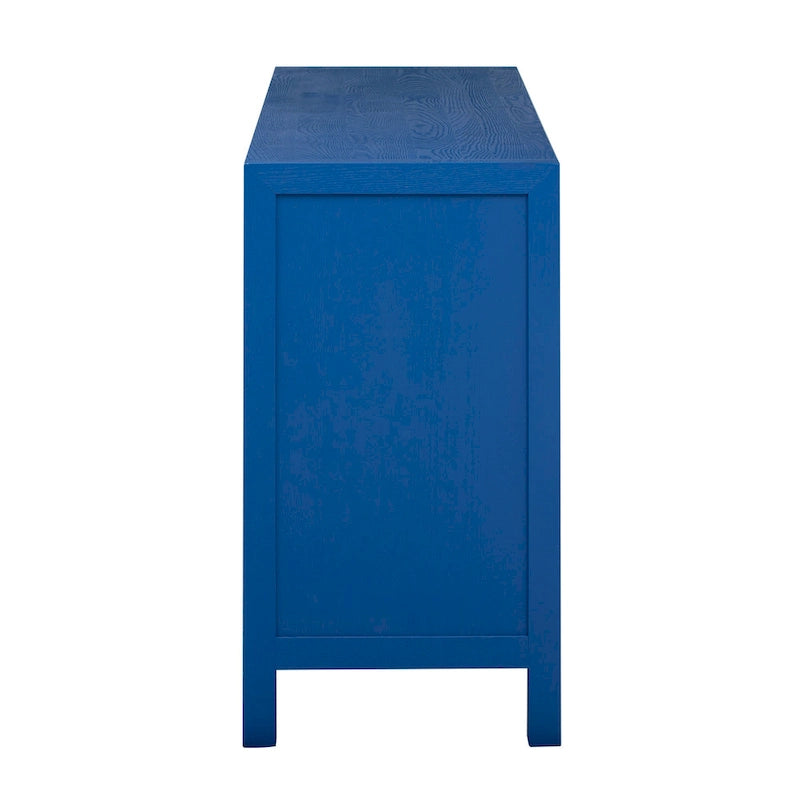 Bahut 4 portes en placage de frêne avec motif de lignes rayonnantes sur les portes, bleu marine et noir