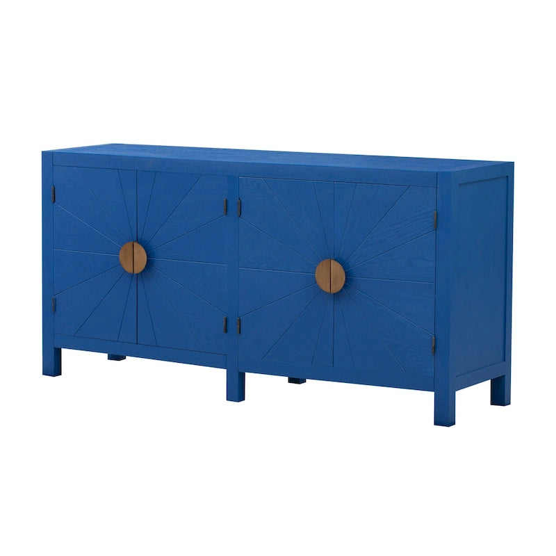 Bahut 4 portes en placage de frêne avec motif de lignes rayonnantes sur les portes, bleu marine et noir