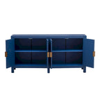 Bahut 4 portes en placage de frêne avec motif de lignes rayonnantes sur les portes, bleu marine et noir