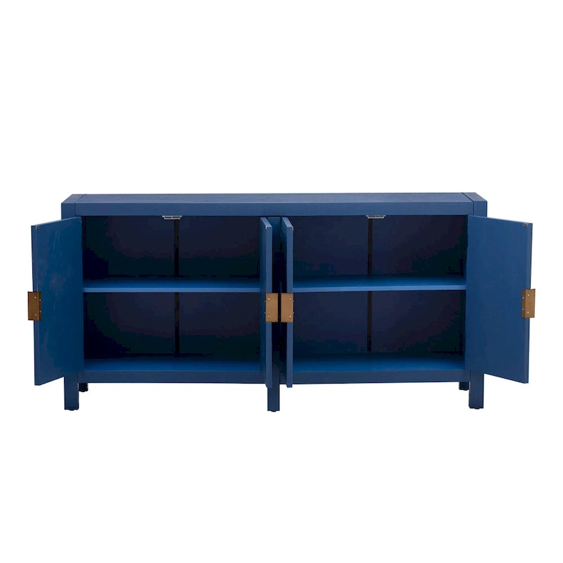 Bahut 4 portes en placage de frêne avec motif de lignes rayonnantes sur les portes, bleu marine et noir