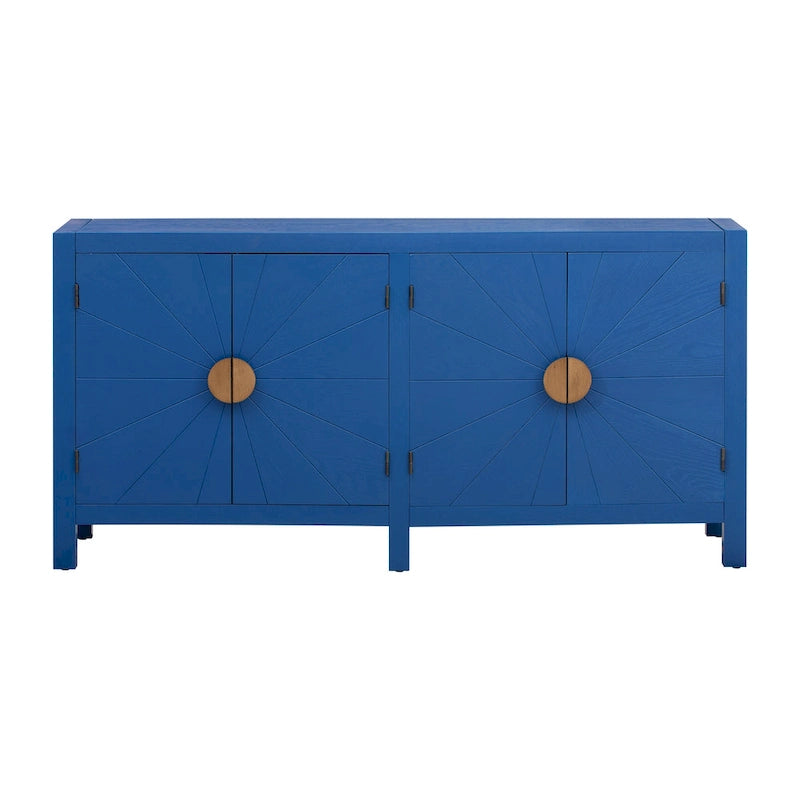 Bahut 4 portes en placage de frêne avec motif de lignes rayonnantes sur les portes, bleu marine et noir