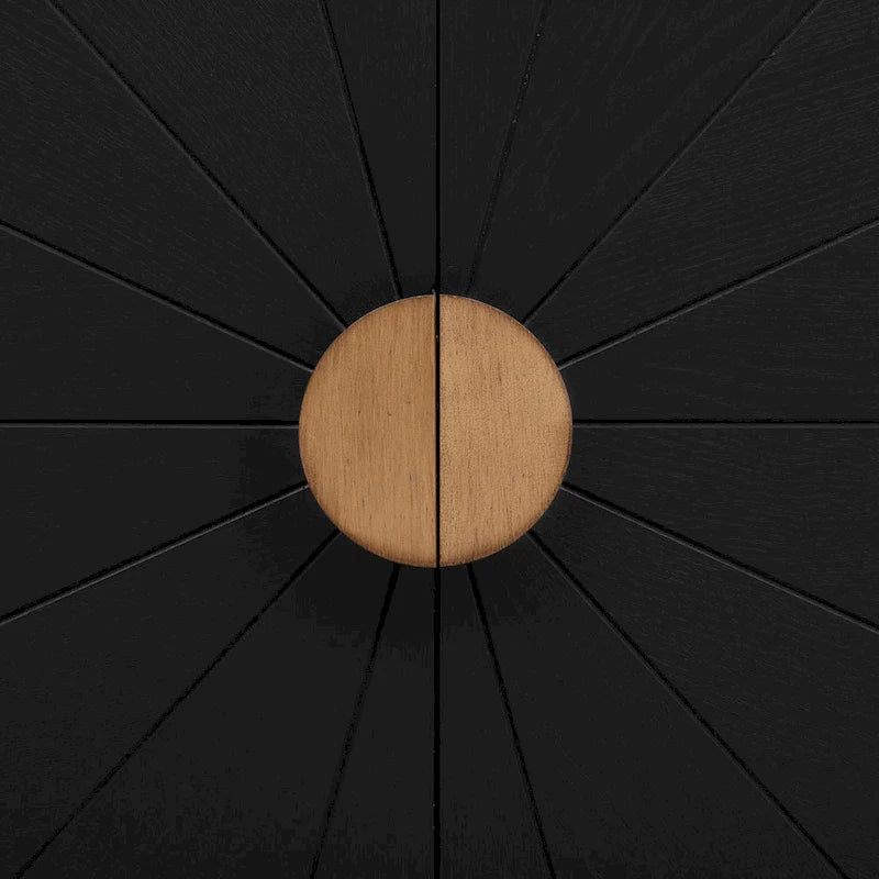 Bahut 4 portes en placage de frêne avec motif de lignes rayonnantes sur les portes, bleu marine et noir