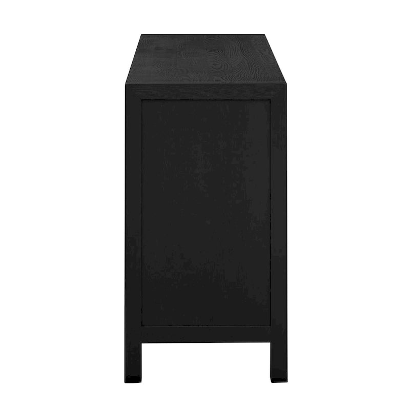 Bahut 4 portes en placage de frêne avec motif de lignes rayonnantes sur les portes, bleu marine et noir