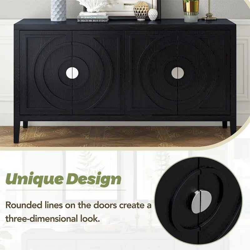 Bahut rétro noir à 4 portes avec motifs circulaires rainurés