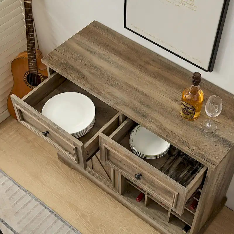 Buffet rustique en grain de bois de ferme avec casiers à vin et tiroirs Espresso