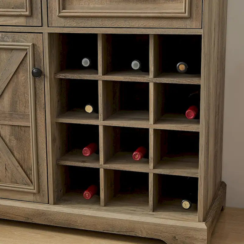 Buffet rustique en grain de bois de ferme avec casiers à vin et tiroirs Espresso