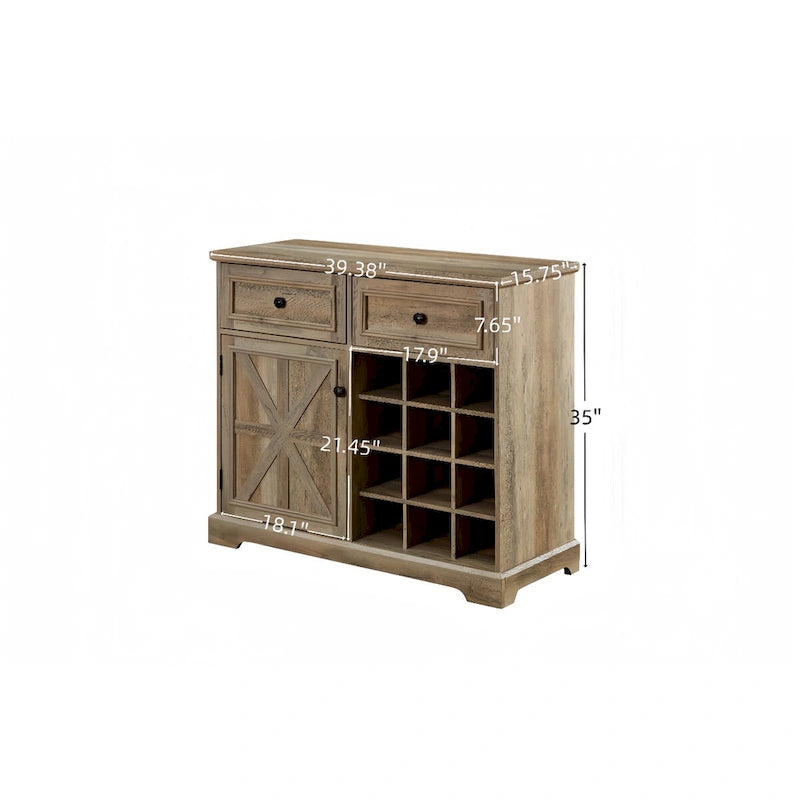 Buffet rustique en grain de bois de ferme avec casiers à vin et tiroirs Espresso