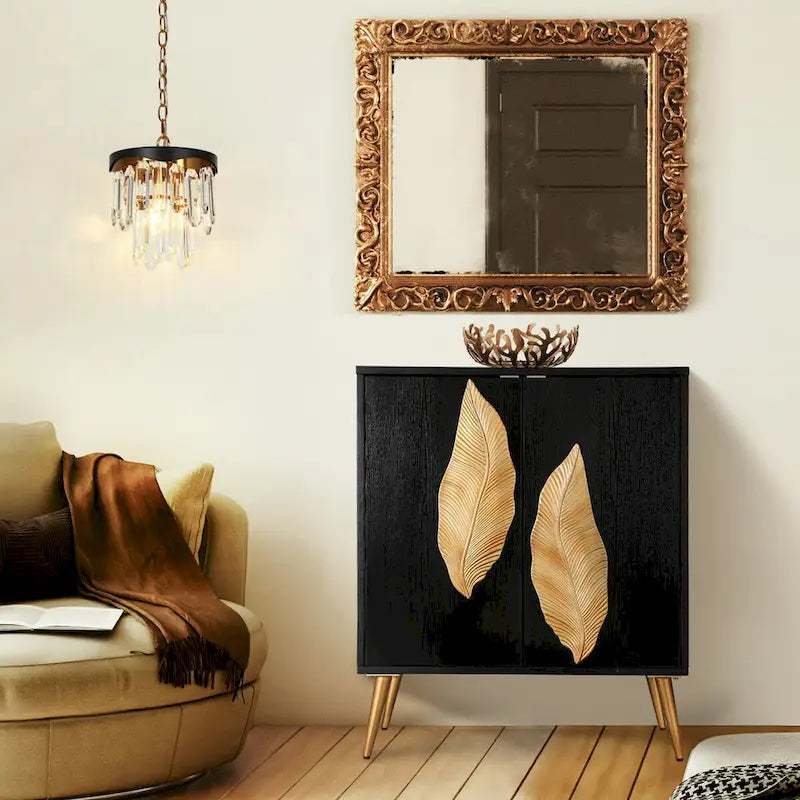 Buffet bas/bahut 2 portes avec détails en feuille d'or antique Étagère de rangement marron foncé