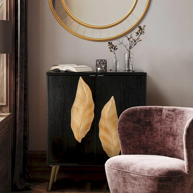 Buffet bas/bahut 2 portes avec détails en feuille d'or antique Étagère de rangement marron foncé