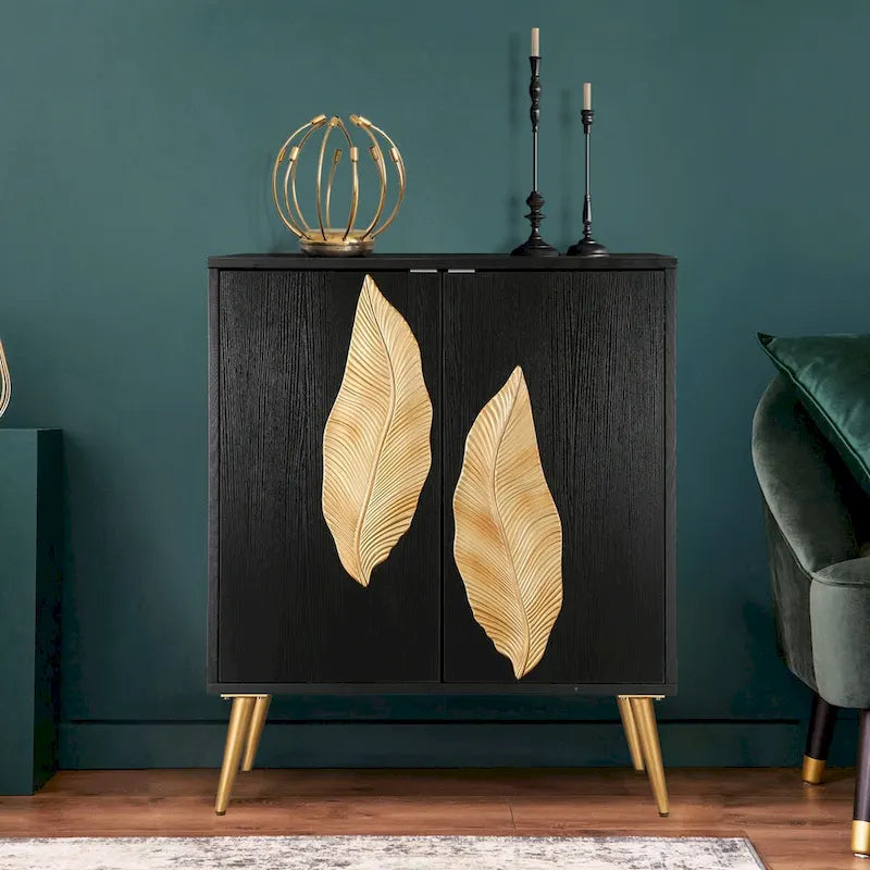 Buffet bas/bahut 2 portes avec détails en feuille d'or antique Étagère de rangement marron foncé