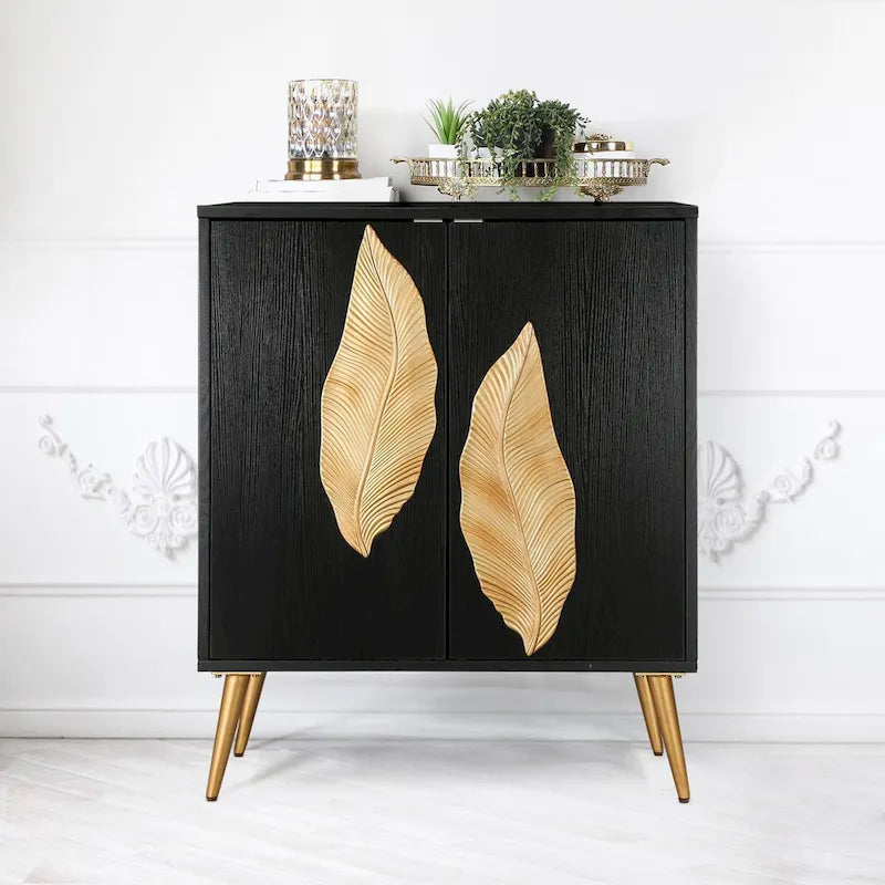 Buffet bas/bahut 2 portes avec détails en feuille d'or antique Étagère de rangement marron foncé