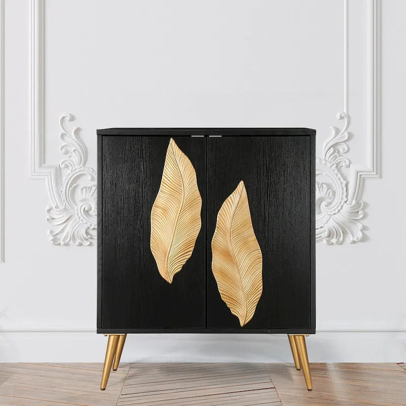 Buffet bas/bahut 2 portes avec détails en feuille d'or antique Étagère de rangement marron foncé