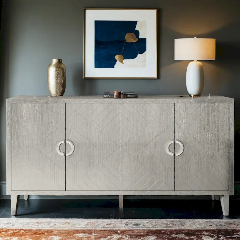 Meuble de rangement 4 portes avec tiroirs et poignées dorées, Bleu, Champagne, Bleu marine