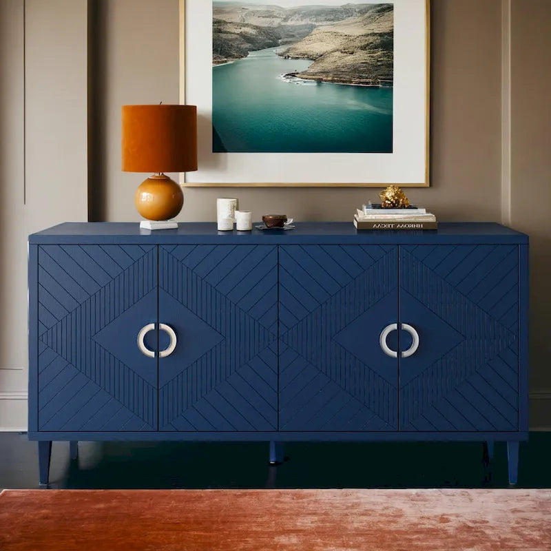 Meuble de rangement 4 portes avec tiroirs et poignées dorées, Bleu, Champagne, Bleu marine