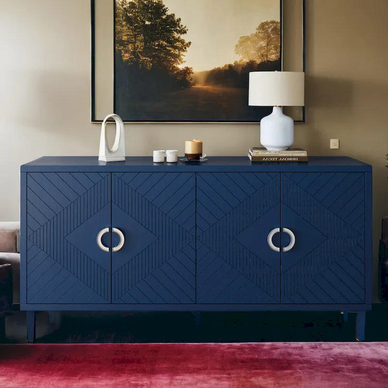 Meuble de rangement 4 portes avec tiroirs et poignées dorées, Bleu, Champagne, Bleu marine