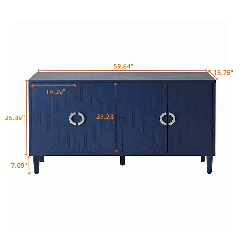 Meuble de rangement 4 portes avec tiroirs et poignées dorées, Bleu, Champagne, Bleu marine