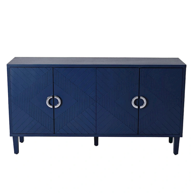 Meuble de rangement 4 portes avec tiroirs et poignées dorées, Bleu, Champagne, Bleu marine