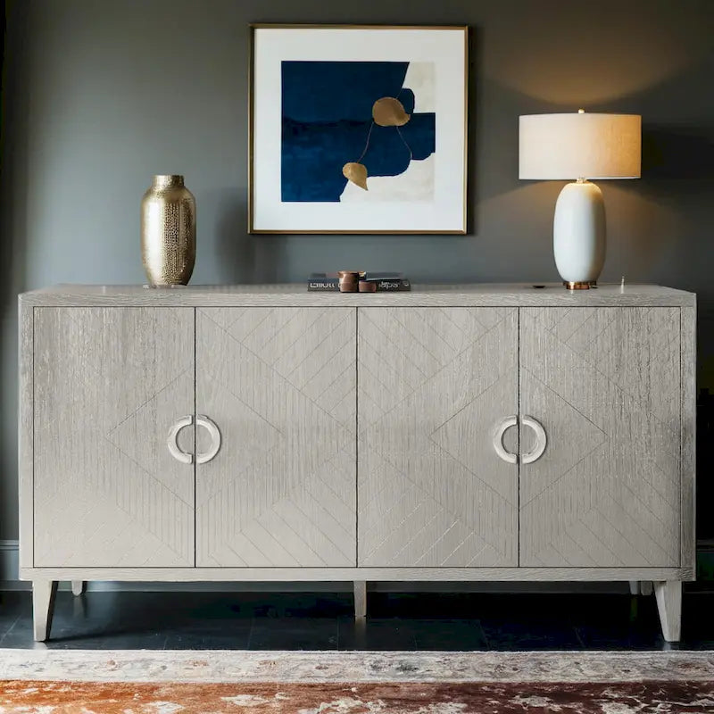 Meuble de rangement 4 portes avec tiroirs et poignées dorées, Bleu, Champagne, Bleu marine