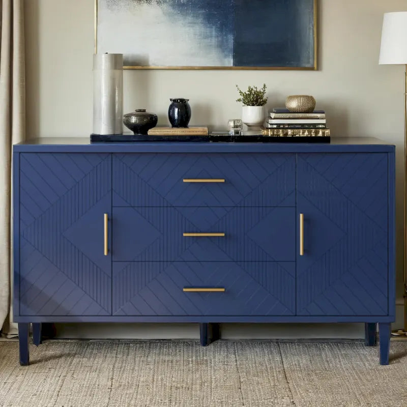Meuble de rangement 4 portes avec tiroirs et poignées dorées, Bleu, Champagne, Bleu marine