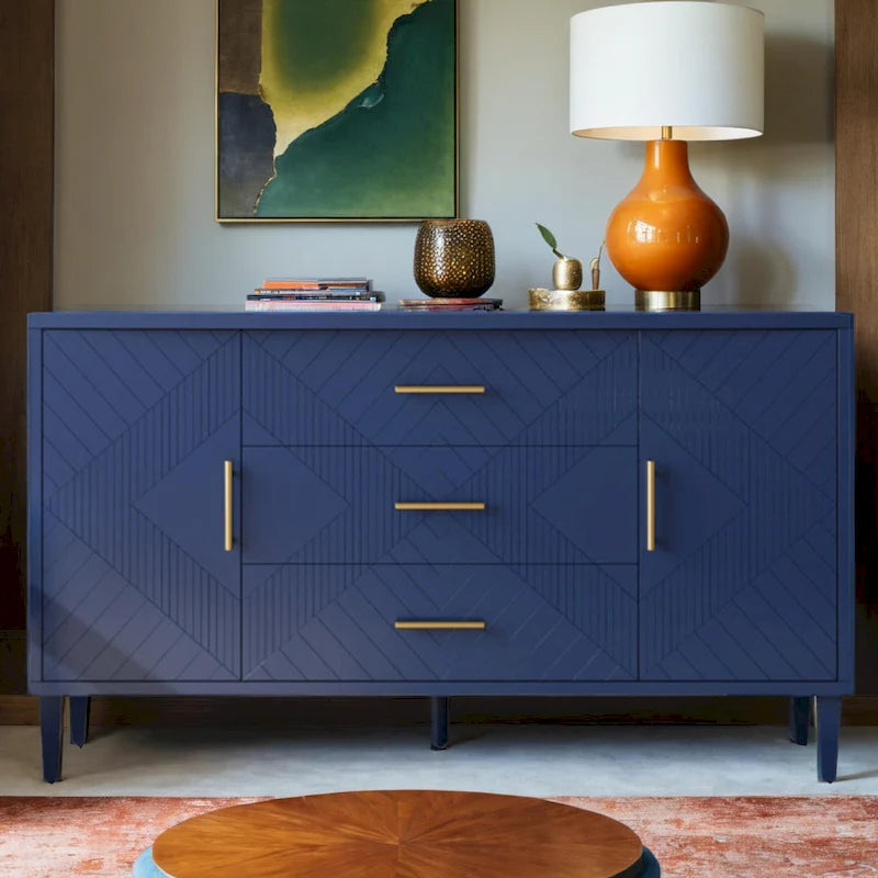 Meuble de rangement 4 portes avec tiroirs et poignées dorées, Bleu, Champagne, Bleu marine