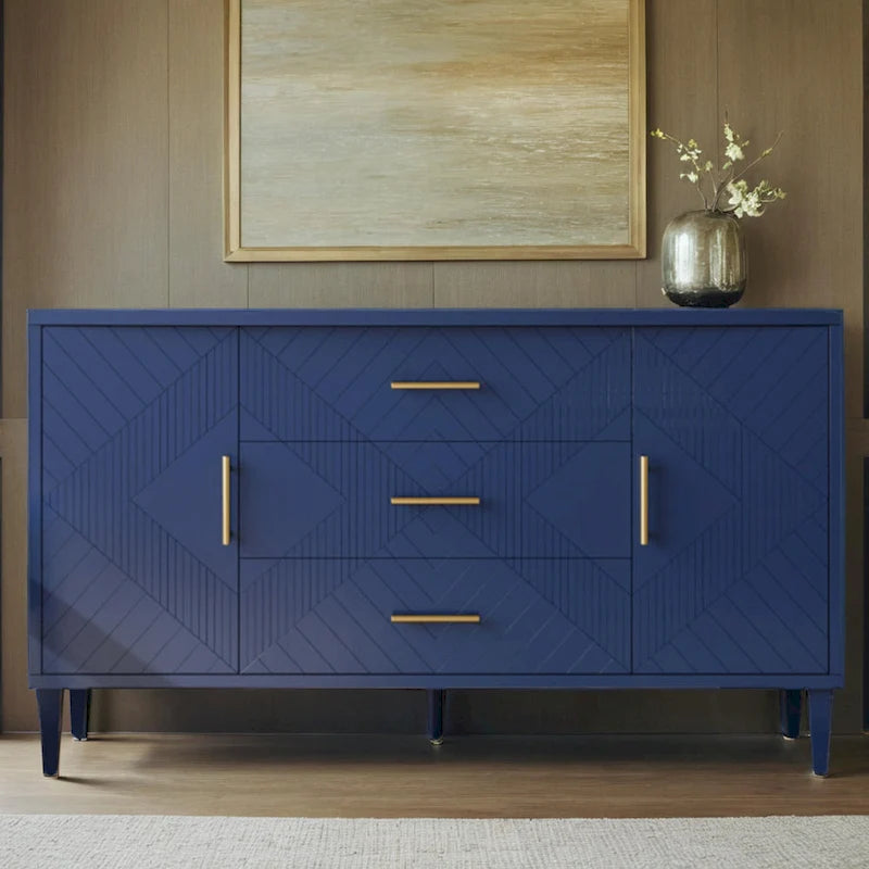 Meuble de rangement 4 portes avec tiroirs et poignées dorées, Bleu, Champagne, Bleu marine
